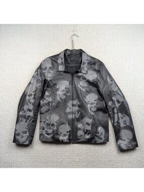 Y2K Black Full Zip Moto Jacket Grunge Punk Distressed Skull AOP Gothic Read